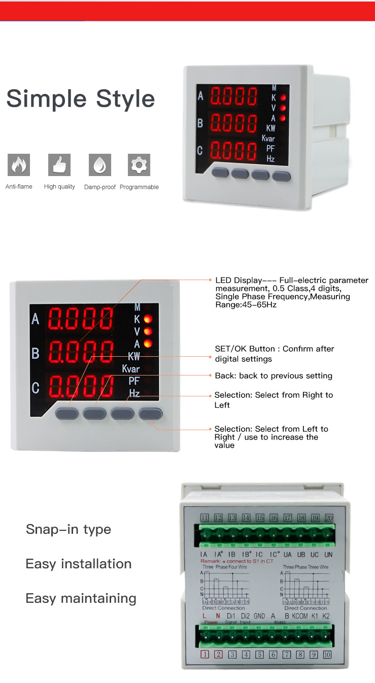Size 72*72 3 Phase Current Voltage Frequency AC Power Electronic Meter LED Power Meter