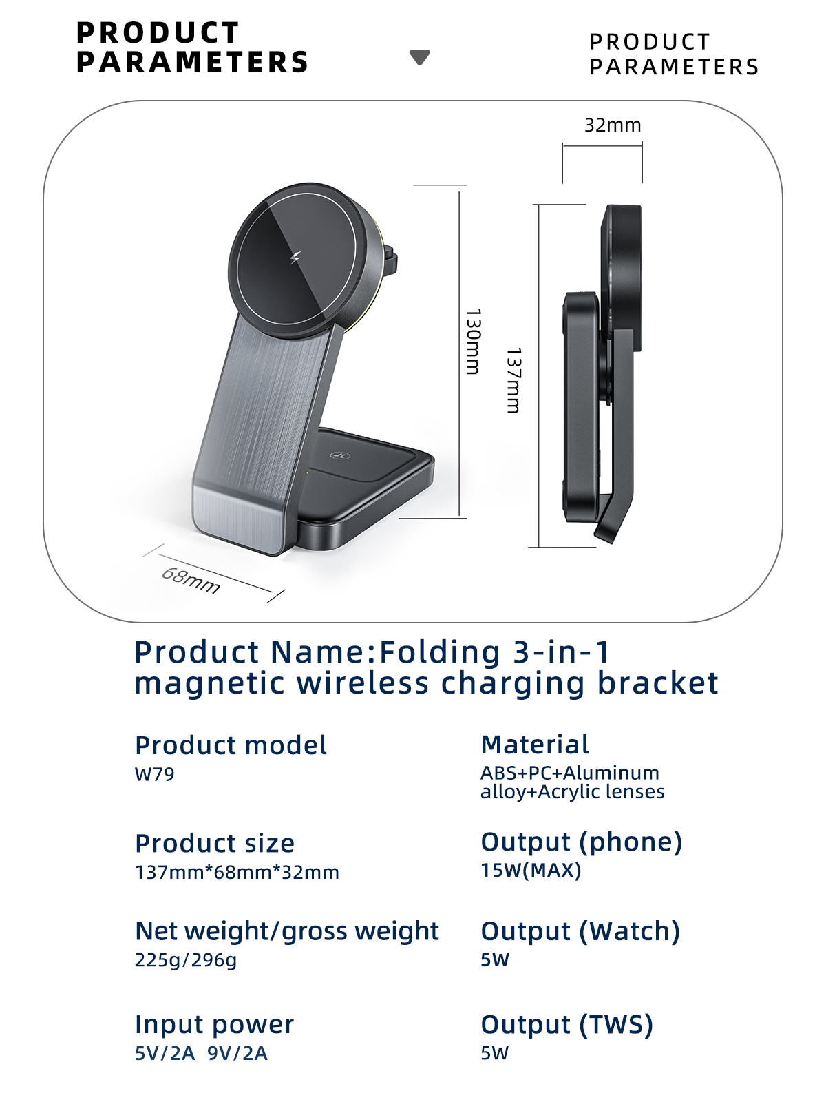 Folding Aluminum Mobile Holder Magnetic 3 in 1 Wireless Charging Qi Fast Charger