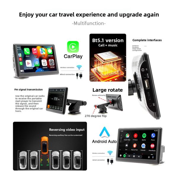 Creatall 7-Inch Portable Wireless CarPlay MP5 Player for Bluetooth New Cross-Border Multimedia Card Slot Head Unit Supports WAV