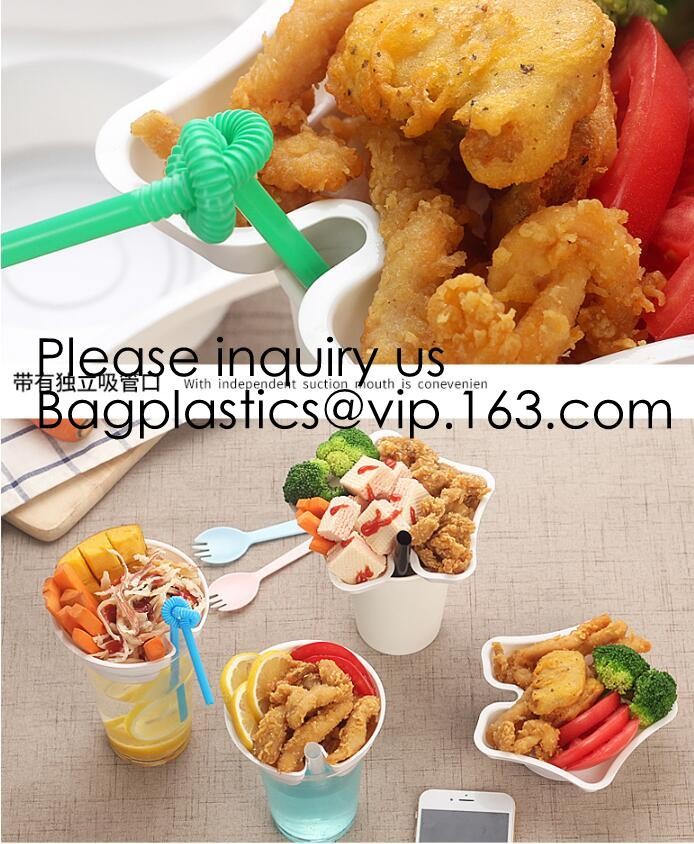 Flower Shaped 330ml PP Plastic Snack Plate With Cup Holder,Disposable PS Plastic Cup Top Snack Tray,Snack Cup With Straw
