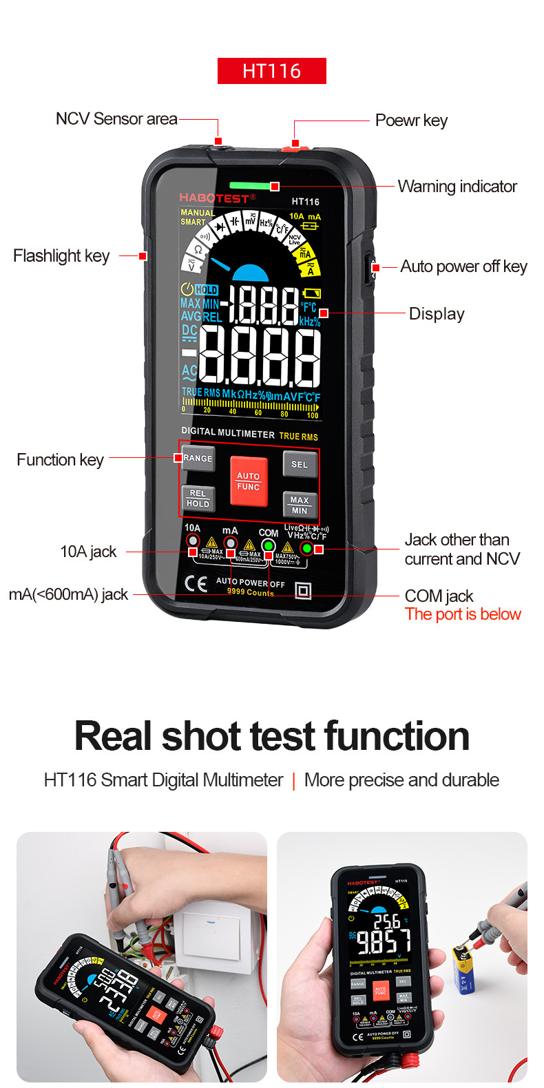 HT116 Digital Multimeter 9999 Counts Auto Range 1000V 10A Tester Meter Ohm Hz Capacitance True RMS Smart Multitester