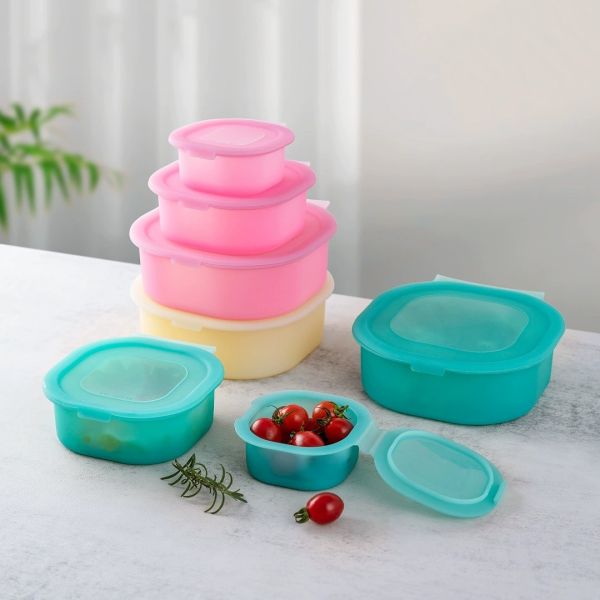 Square silicone food storage container set showing stackable design