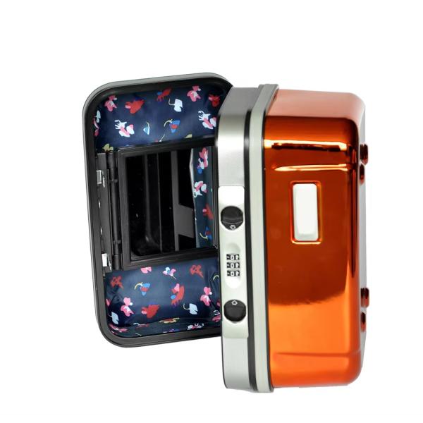 Mini Hard Shell Cosmetic Case with Built-in Mirror Password Lock Glossy Orange Holographic Lady Style Travel Organizer