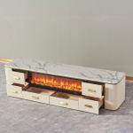 White Beige MDF Stainless Steel TV Stand 78 Inch Faux Stone Media Unit 4 Doors