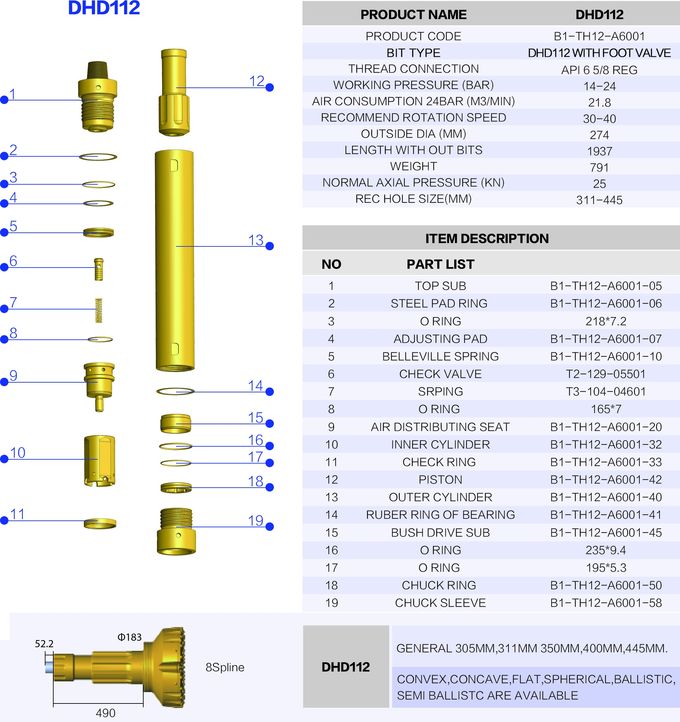 High Strength Alloy Steel Down Hole Hammer DHD112 SD12 NUMA120 NUMA125 Golden Color