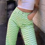 Summer Wave Pattern Ladies Casual Pants High Waisted Casual Trousers