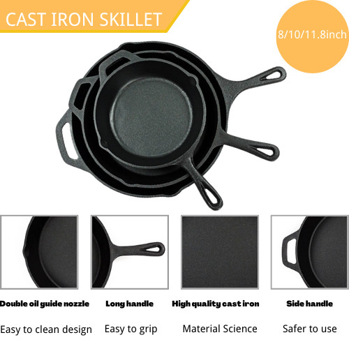 Pre Seasoned Long Handle Cast Iron Skillet Pan 6/8/10 Inch 3pcs/Set