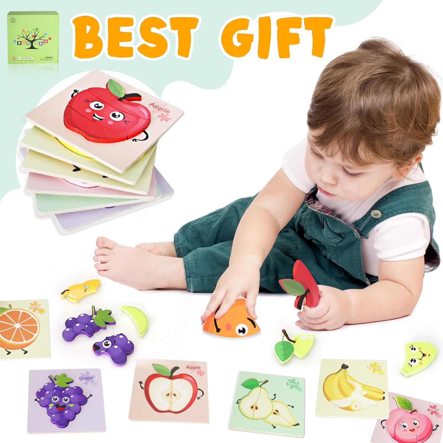 Unisex Wooden Toddler Fruit Jigsaw Puzzles Great for Sensory Development and Learning