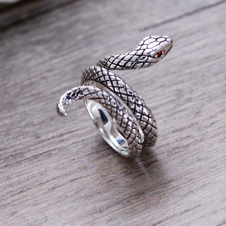 Snake Style Simulated Garnet Eyes Scale Serpent Ring 925 Sterling Silver Band Ring(057738)