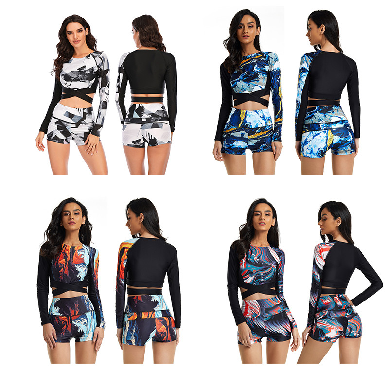Long Sleeve Bathing Womens Surfing Suits Sexy Cross Split Printed Foral