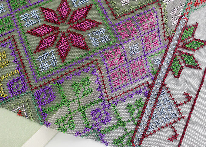 Multi Colored Cross - Stitched Embroidery Lace Fabric From Schiffli Lace Machine