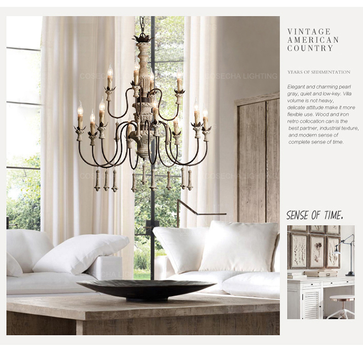 Vintage Foyer chandeliers large wooden lustre rustic lighting suspension retro lamps(WH-CI-111)