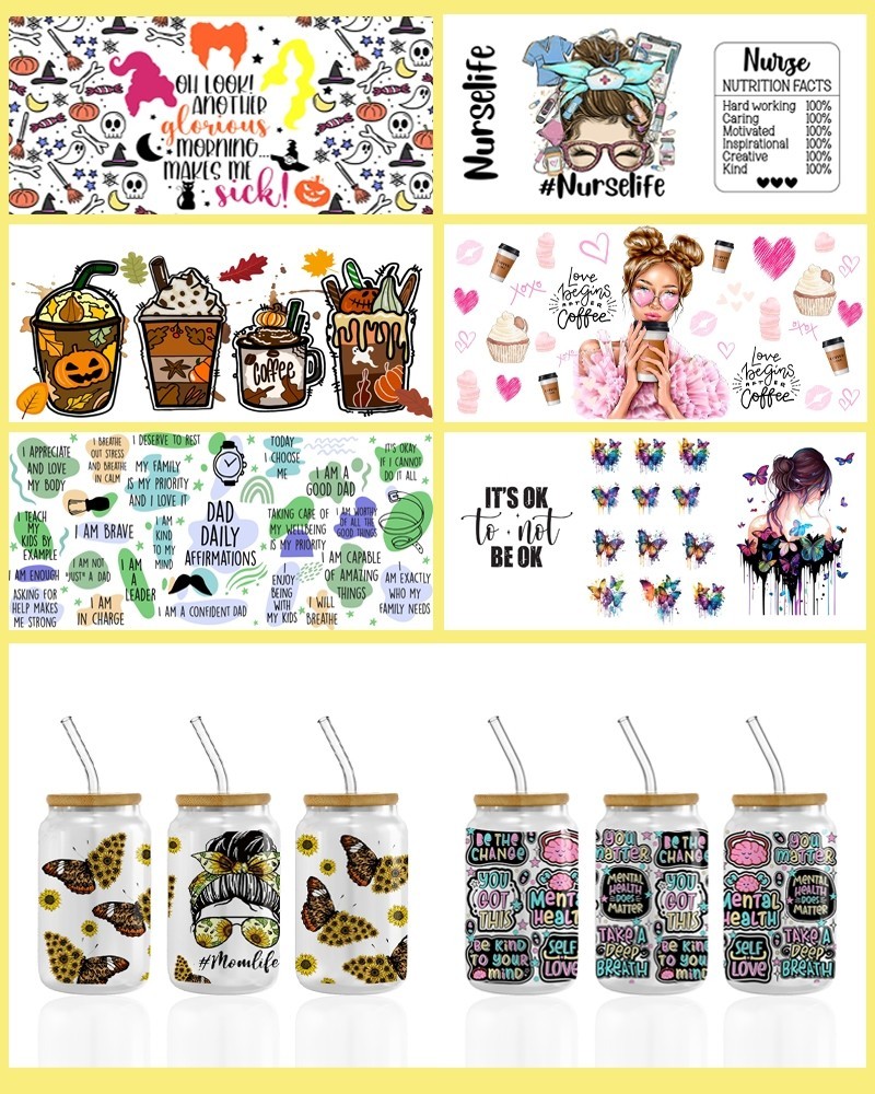 UV DTF Cup Wrap Transfer Stickers For Glass Crafting Cup Decal Stickers For 16OZ Libbey Glass Cups Coffee Theme Cartoon