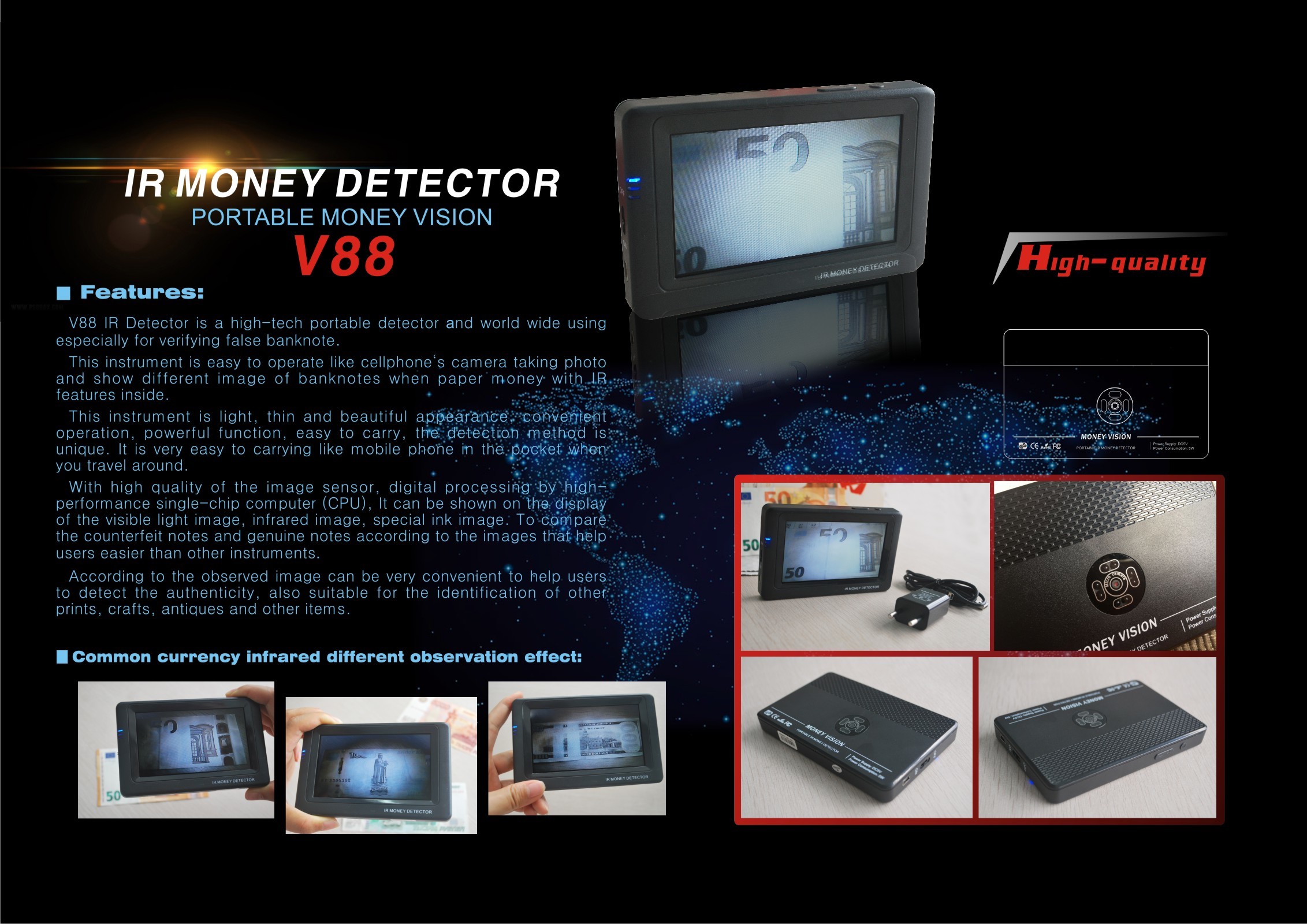 IR USD / EURO Mini Counterfeit Infrared Money Detector Portable With LCD Monitor