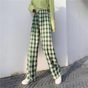 China Plaid Loose Straight Leg Womens High Waisted Casual Pants wholesale