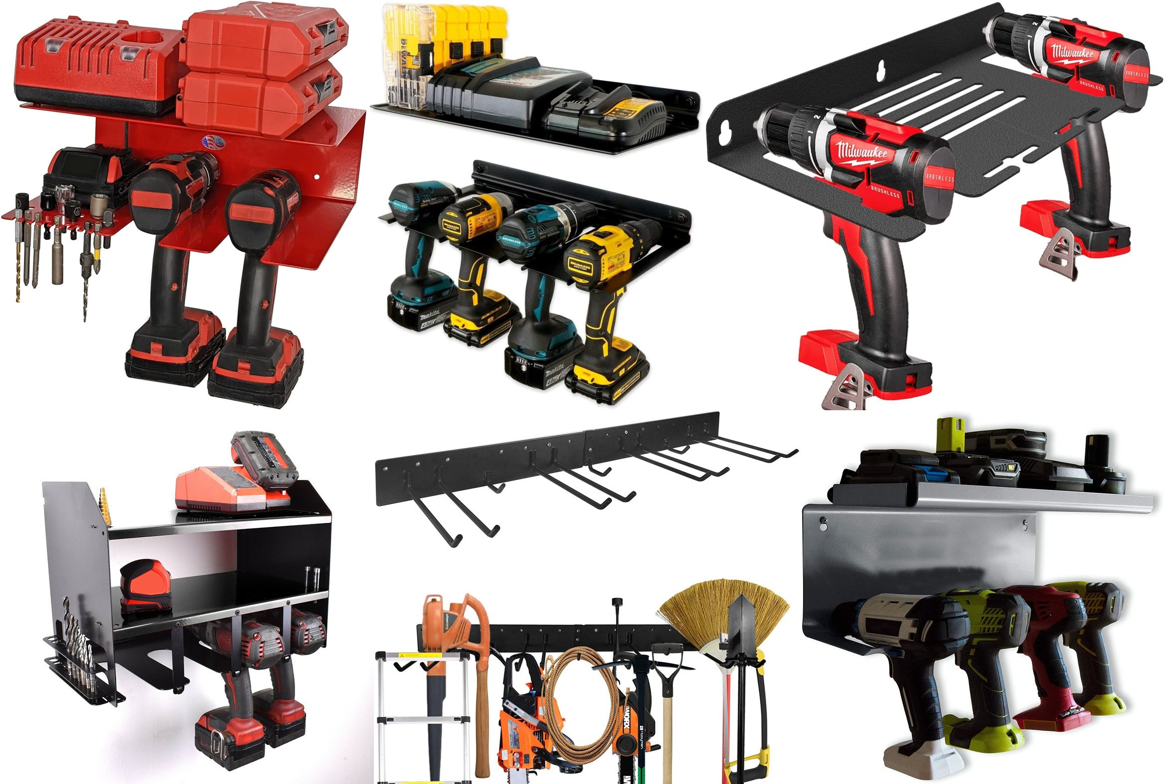 Wall Mounted Power Tool Storage Rack for Garage Cordless Drill Battery Charging Station
