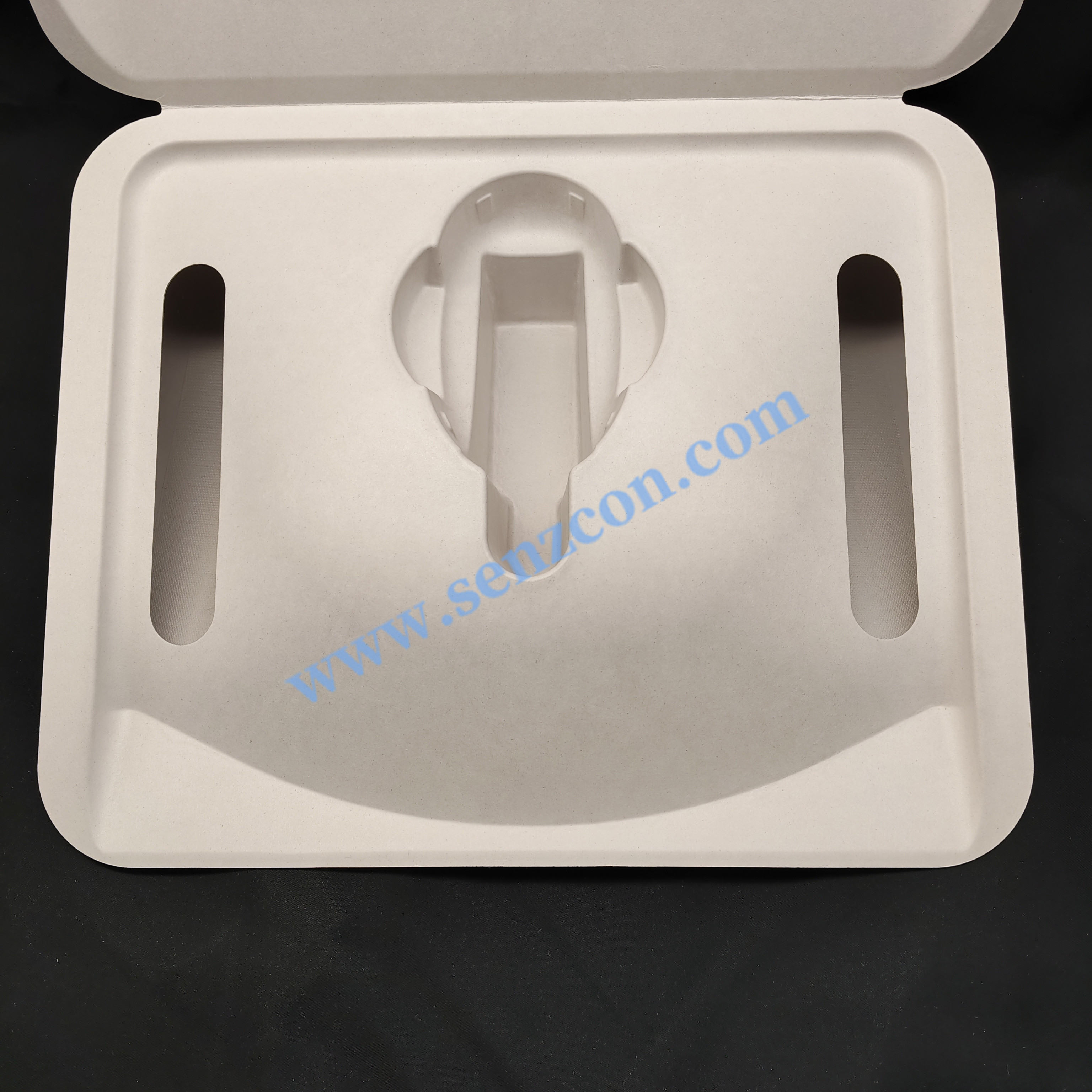 The paper-plastic packaging for high-end beauty instruments is made by combining plant fibers through wet pressing. It features an embedded inner