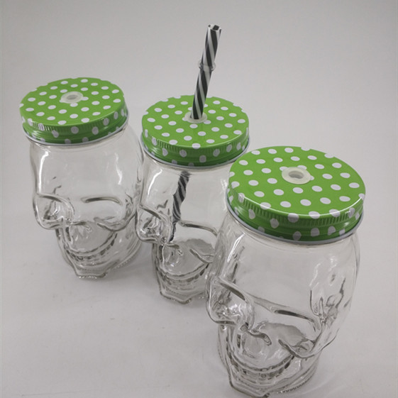 Popular products 17oz custom made glass skulls shaped 510ml mason jar with llid and straw