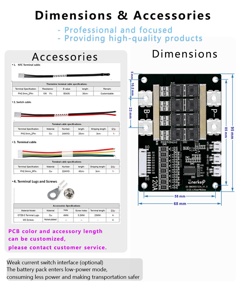 Enerkey 3S 120A Continuous 300A Peak High-Current LiFePO4 Li-ion BMS for Solar Energy Storage and Power Tools