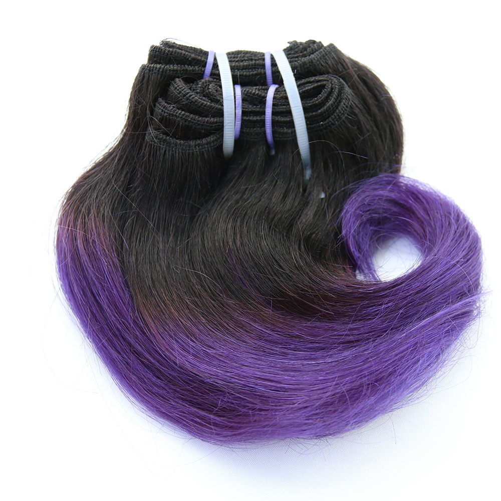 2017 New Style Short Curl Ombre Purple Brazilian Remy Hair Weft Hair Extension