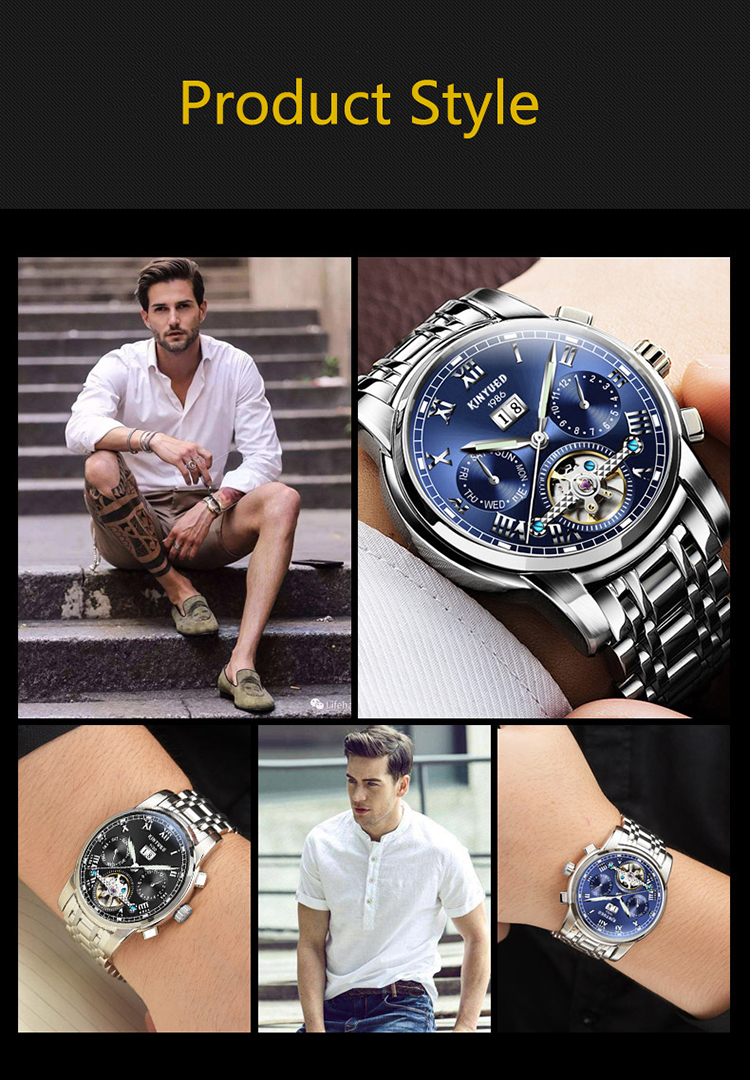 KINYUED stainless steel tourbillion watch mechanical luminous watch men wristwatch