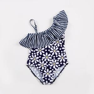China Kid's Navy flower print one shoulder swimwear one piece swimsuit wholesale