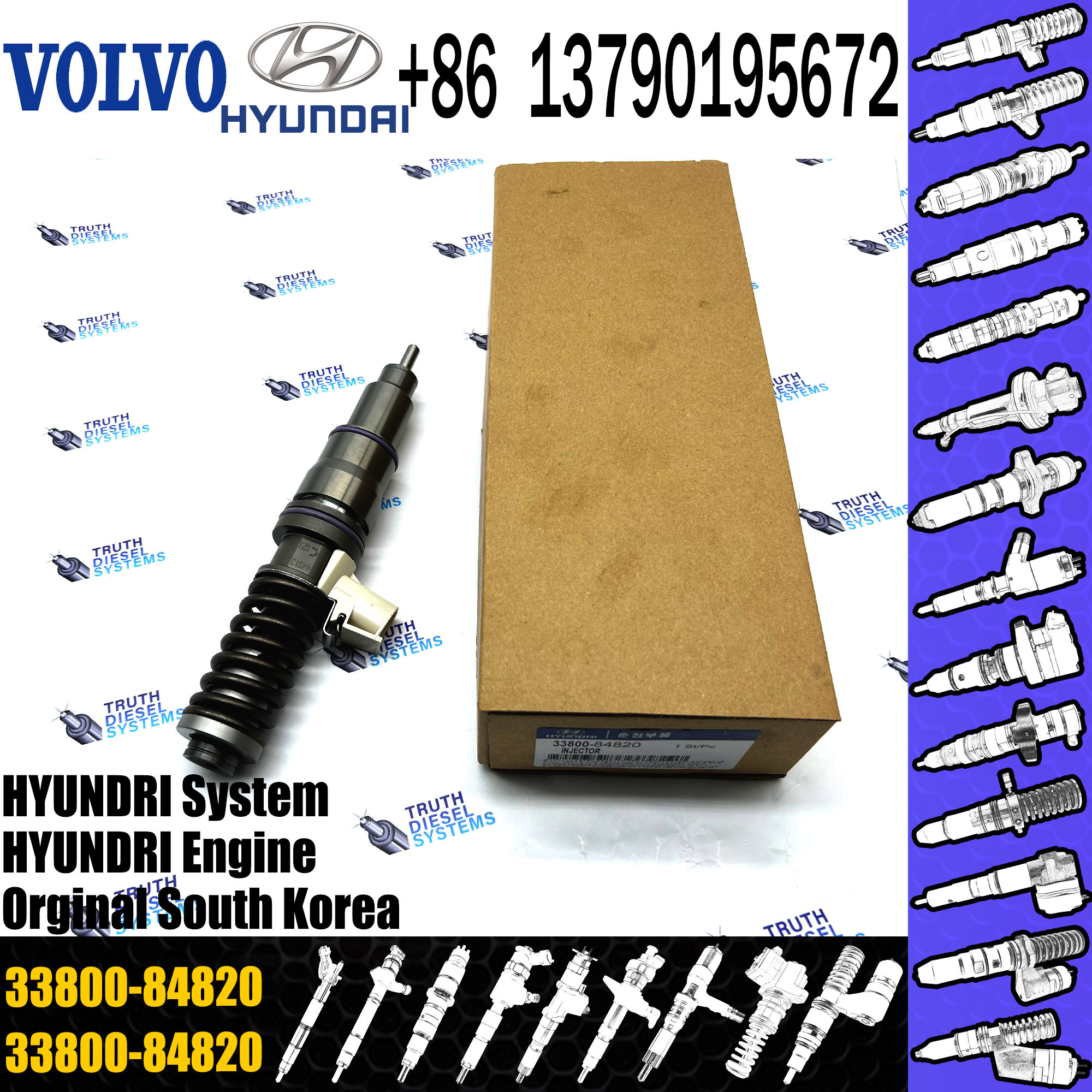 Diesel Injector 33800 84820, 33800-84820, 3380084820, 21306407 BEBE4D19002 for Hyundai D6CC engine
