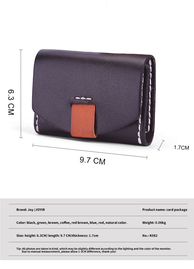 Vegetable Tanned Leather Short ID Card Holder for Cowhide Change Coin and Open Closure