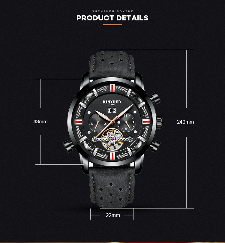 KINYUED J019-4 Private Label Black Case Black Dial Genuine Leather Auto Date Skeleton Automatic Mechanical relogio masc