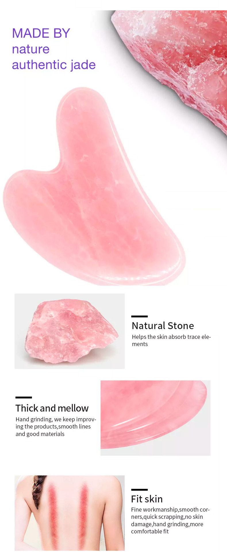 Heart Shaped Scraping Massage Tool Rose Quartz Pink Jade Stone