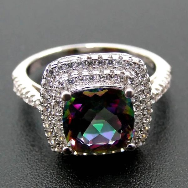 925 Serling Silver Jewelry Sets Cushion Cut Mystic Topaz Engagement Ring