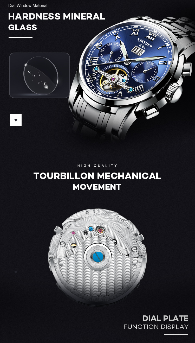 KINYUED Distinctive Style Tourbillon Automatic Movement Watches Waterproof Luminous Business OEM Wristwatches