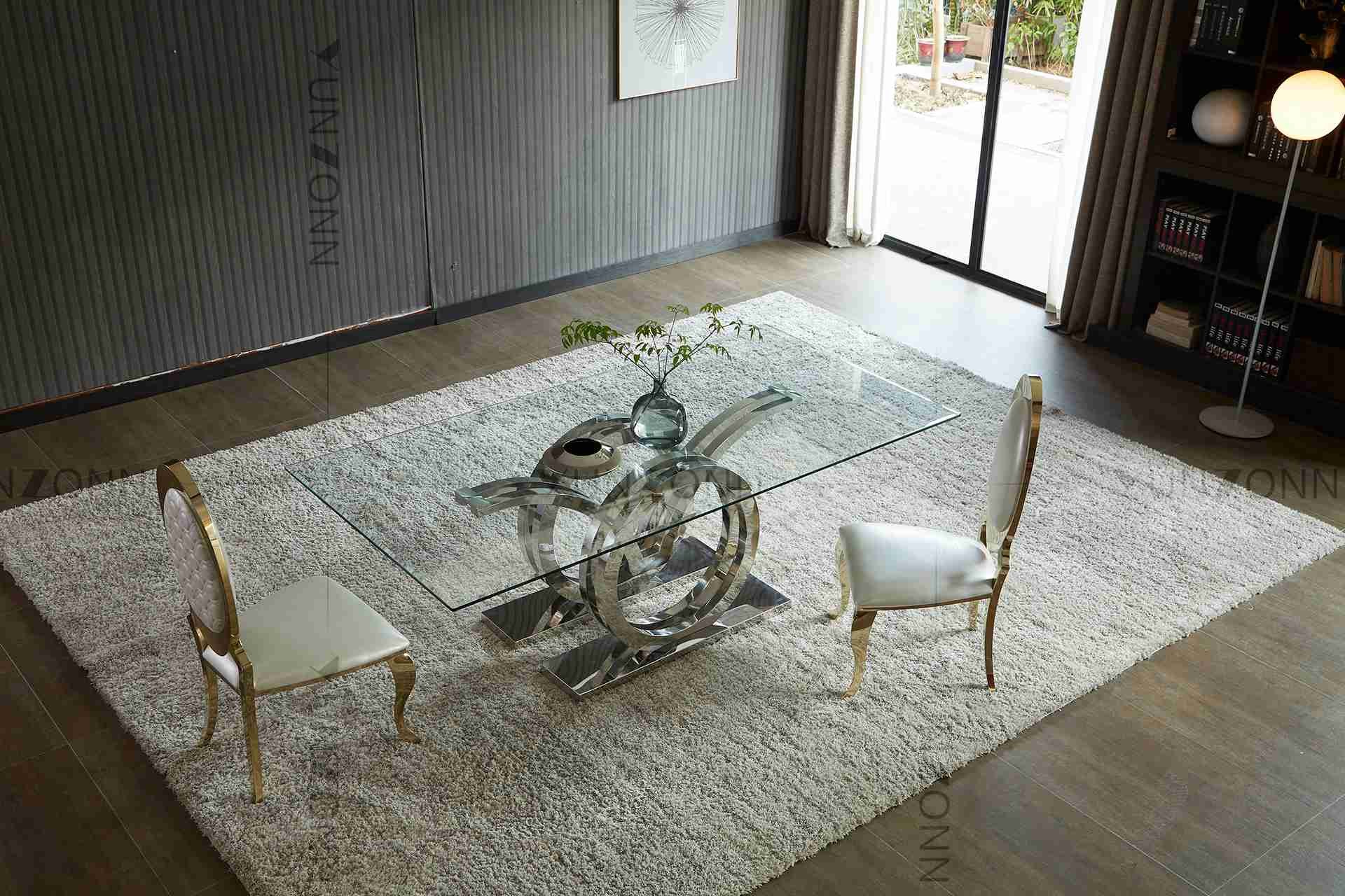Tempered Glass Seagull Dining Table Rectangle Silver Series Home Furniture