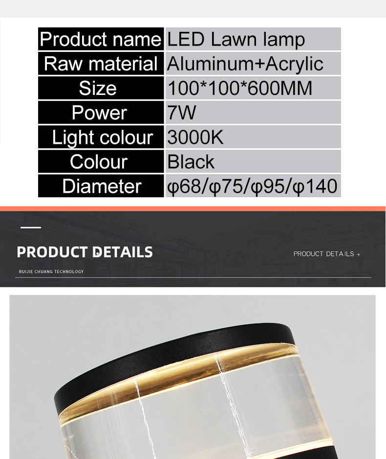 Night LED Lawn Lights Landscape park 100x100x600MM 7W 3000K Black