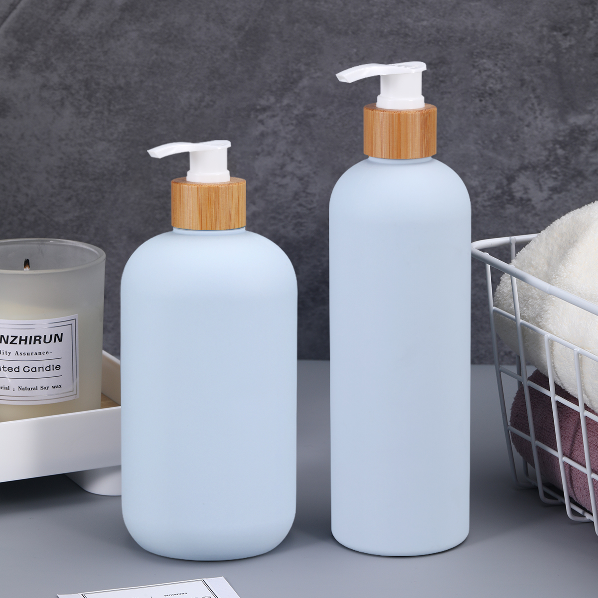 Shampoo Bottle with Bamboo Lid HDPE Plastic Type Soft Touch Empty Body Lotion Container