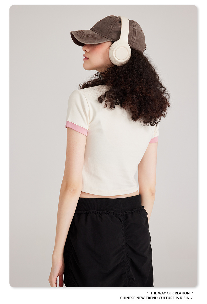 Embroidery Decoration Women's Y2k Vintage Young Fashion Contrast Ringer Crop T shirt