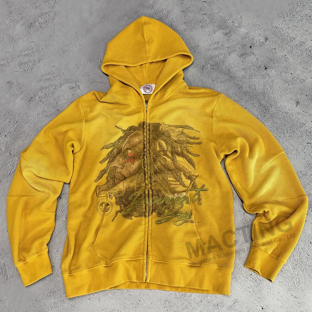 Men's Custom Waffle Knit Zip Hoodie Heavyweight Oversized Distressed Vintage Acid Wash
