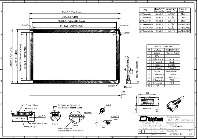 Saw Acoustic Wave Touch Screen 15.6 Inch with USB RS232 Controller