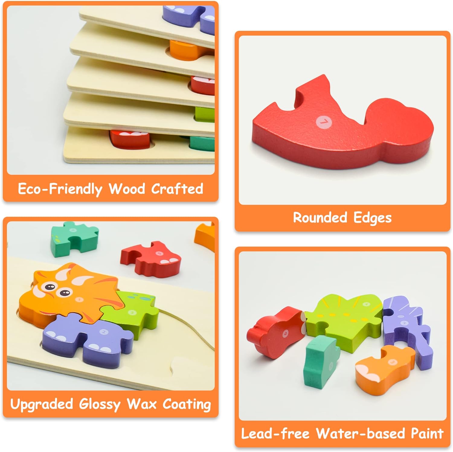 Age Range 2 to 4 Years 6 Pack Wooden Dinosaur Puzzles for Toddlers Educational Toys