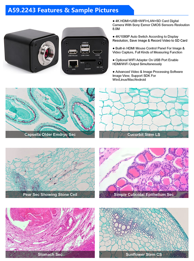 OPTO-EDU A59.2243 8.0M 4K HDMI+USB+WIFI+LAN+SD Digital Microscope Camera