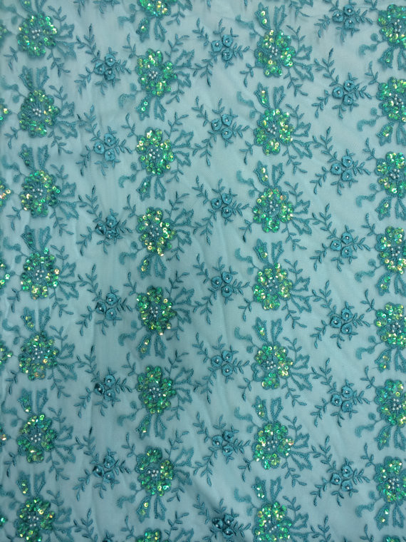Green Scalloped Beaded Lace Fabric By The Yard For Wedding Bridals / Gowns