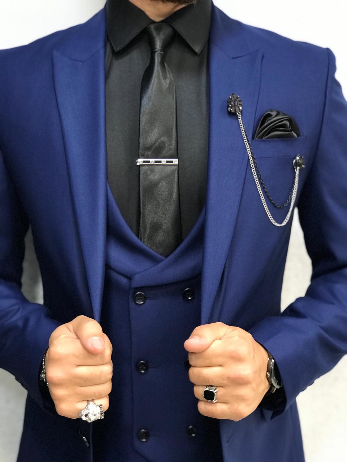 Navy Blue Custom Mens 3 Piece Tuxedo Suit For Groom'S Wedding