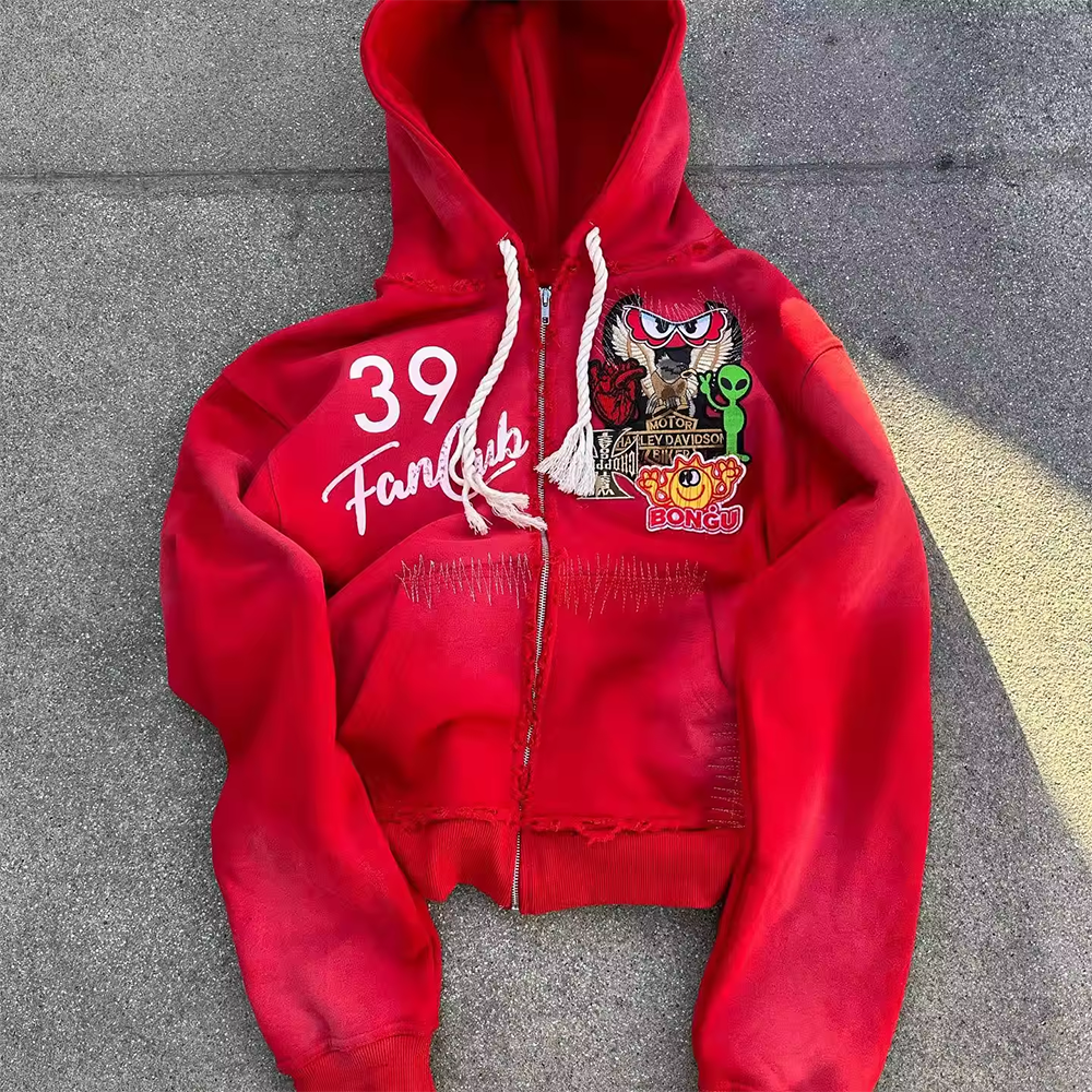 Red Black Sun Faded Zip Up Hoodie Boxy Heavyweight 450Gsm Screen Printing Patch Embroidery