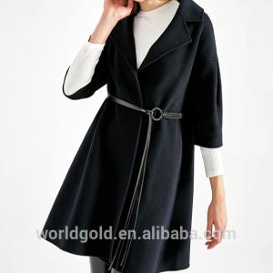China Dark Navy Women's Casual Winter Coats Wool Dress Jacket with Belt wholesale