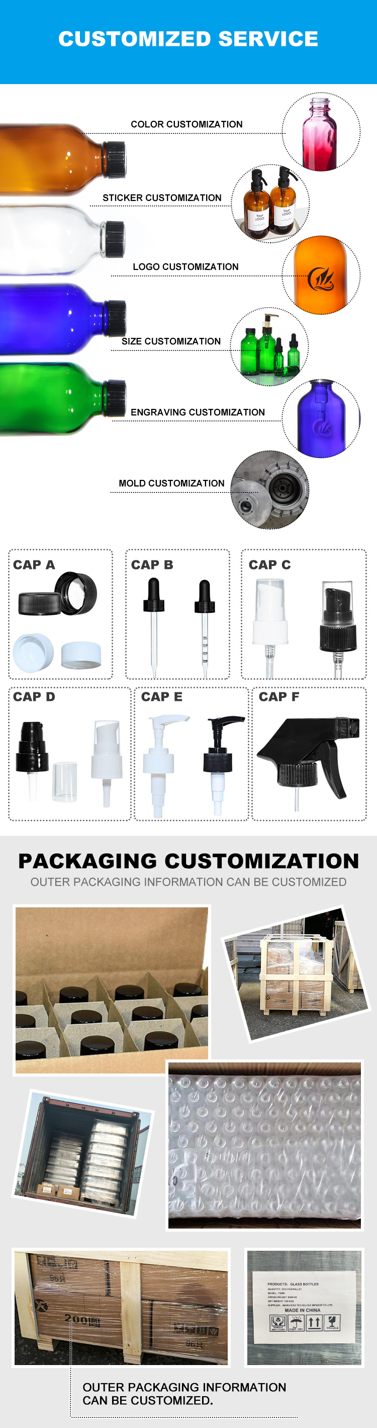 Free Sample 15ml 30ml 60ml 120ml 250ml 500ml 1000ml Glass Boston Round Bottle with Black Polycone Cap