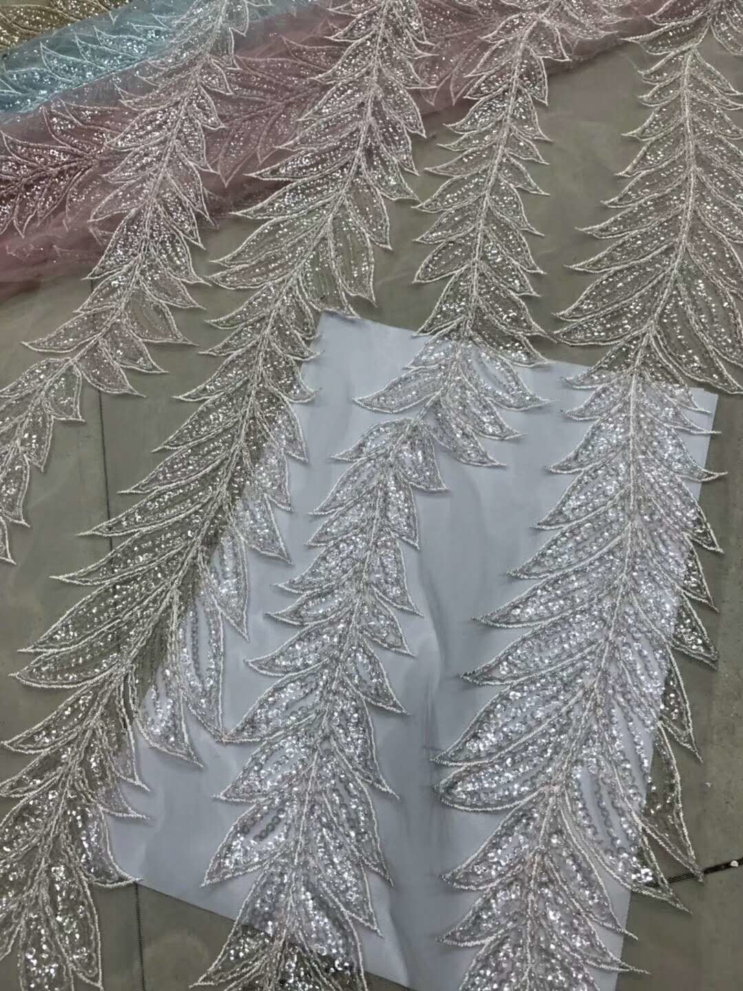 Blue Shiny Embroidered Leaf Lace Fabric With Beads And Sequins 120CM Width
