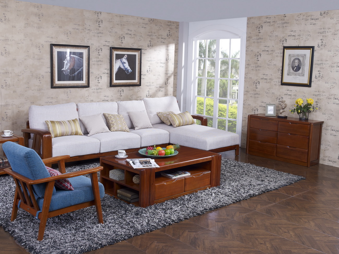High end quality 1+2+3 Solid wood Leisure sofa set by Fabric and density sponge upholstered seat cushion