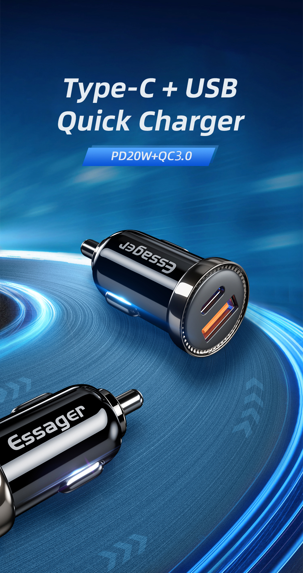 Fireproof PC Phone USB Car Chargers Mini 20W PD3.0 QC3.0