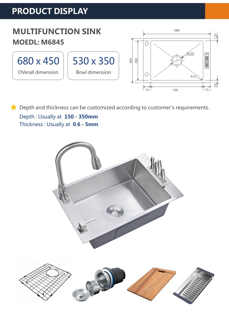 Top Mount Kitchen Multifunction Sink 27' Single Bowl With Knife Holder 68x45