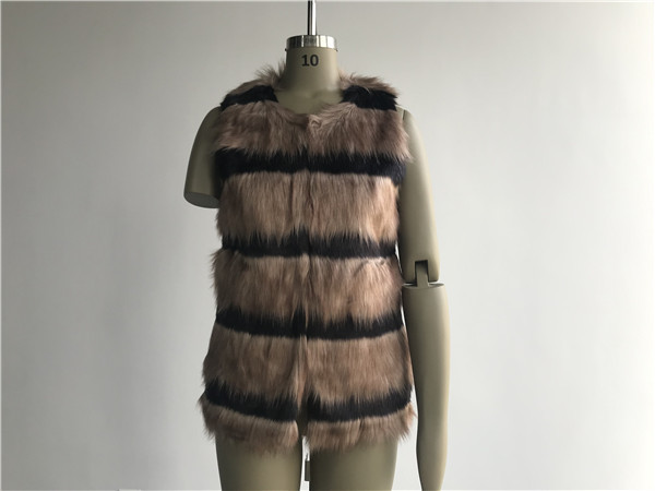 Brown And Black 2 Tone Ladies Faux Fur Jacket Collarless Neck For Female
